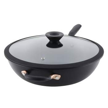 Meyer Accent Series 12.75" Hard Anodized Nonstick Induction Stir Fry Wok with Helper Handle and Glass Lid Matte Black