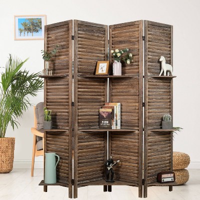 Rustic Brown Paulownia Wood 4-Panel Folding Screen with Shelves