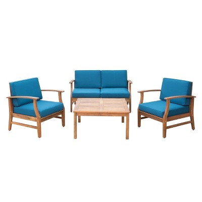 Perla 5pc Acacia Wood Chat Set - Teak/Blue - Christopher Knight Home