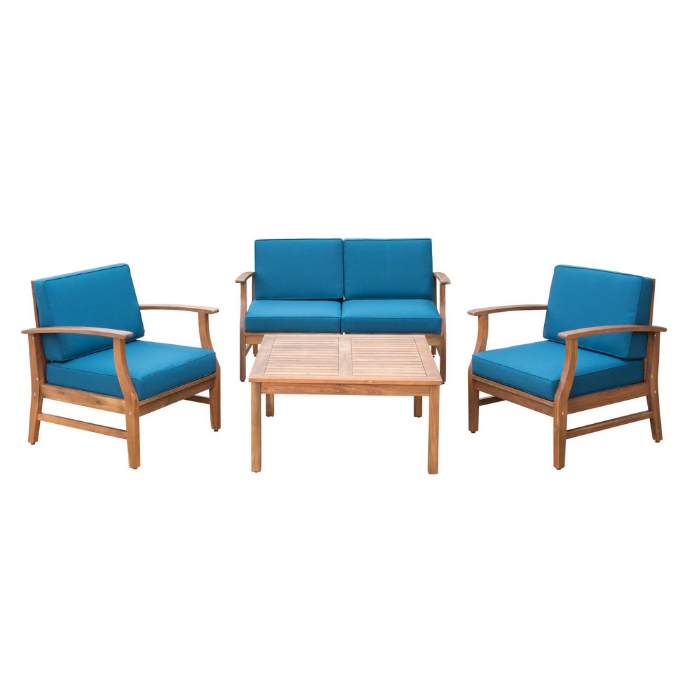 Photos - Garden Furniture Perla 5pc Acacia Wood Chat Set - Teak/Blue - Christopher Knight Home