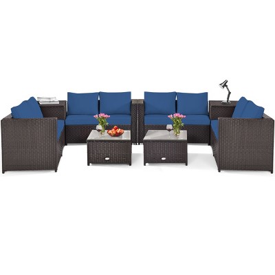 Tangkula Outdoor Rattan Sectional Loveseat Couch Conversation Sofa Set with Storage Box &Coffee Table Red/Navy/Turquoise