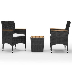 vidaXL Bistro Set Patio Table and Chair Outdoor Poly Rattan and Acacia Wood - Black and Brown Without Footrest - 1 of 4