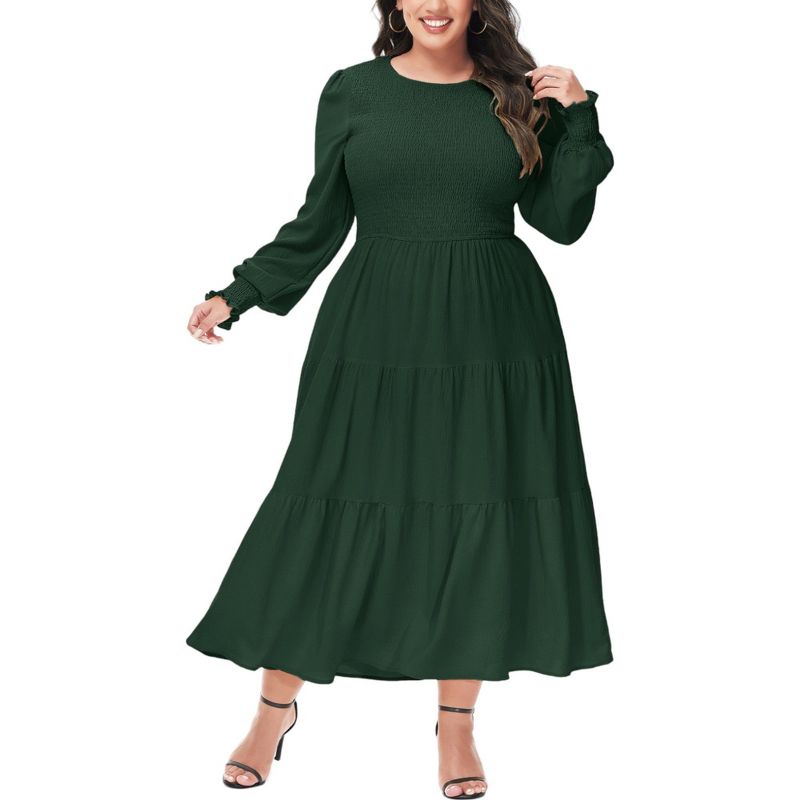 Anna-Kaci Women's Plus Size Casual Long Sleeve Smocked Chest Round Neck Flowy Tiered Maxi Dress, 1 of 5