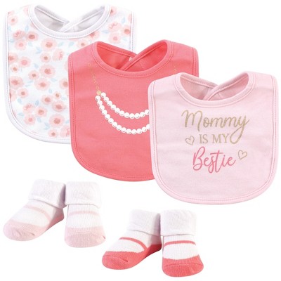  Little Treasure Baby Girl Cotton Bib and Sock Set 5pk, Mommys Bestie, One Size 