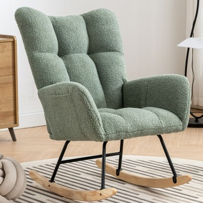 Aukfa Soft Teddy Fabric Rocking Chair w/Pocket - Ergonomic Nursery Glider, Solid Wood Base, 255LB Capacity for Living Room & Bedroom