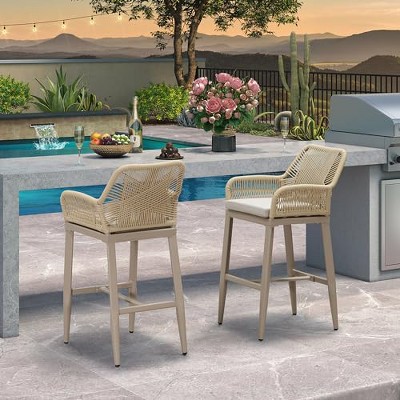 PURPLE LEAF Outdoor Rattan Bar Stools Set of 2 Modern Boho Aluminum Patio Bar Height Chair with Cushion for Garden Outdoor and Indoor