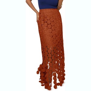 Women's Summer Skirt: High Waisted Long Maxi Skirt with Elegant Hollow Out and Fringe Hem Caramel - 1 of 4