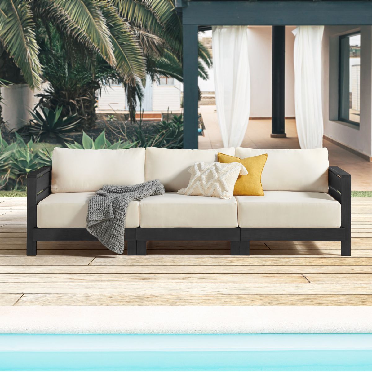 Alaterre Furniture Barton 3 Seater Outdoor Patio Sofa - Weather-Resistant Eucalyptus Wood Outdoor Couch with Thick Cream Cushions - (Black) - thumbnail 2