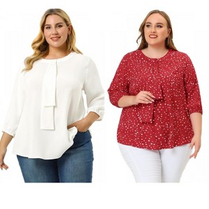 Women's Plus Size 2 Pieces 3/4 Sleeves Round Neck Ruffle Chiffon Work Blouse - Agnes Orinda - 1 of 4
