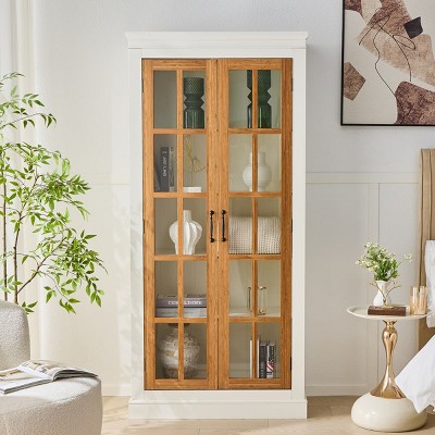 Farmhouse Glass Door Display Cabinet with Storage Shelves, Natural Freestanding Curio Cabinet for Living Room, Office, or Hallway-Tanpinhause