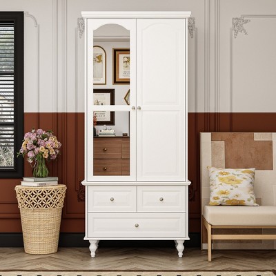 FUFU&GAGA White Wardrobe with Mirror-Door 3-Drawer: Traditional Elegance Armoire