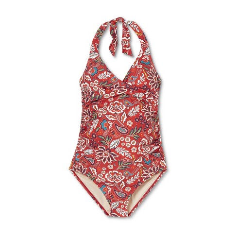 Wrap Front Halter One Piece Maternity Swimsuit - Isabel Maternity by Ingrid  & Isabel™ Red Floral M