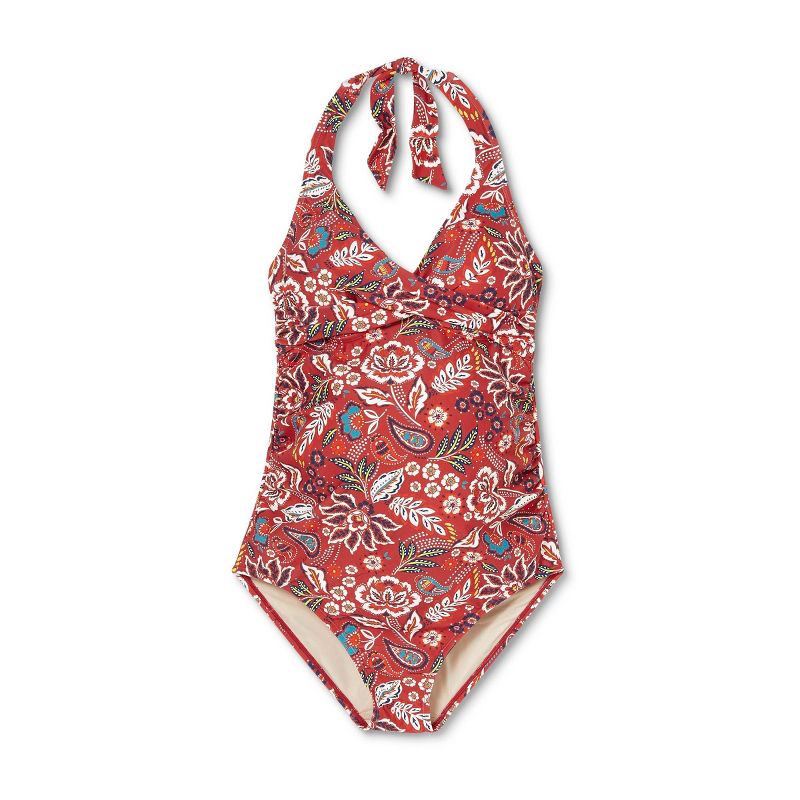 Wrap Front Halter One Piece Maternity Swimsuit - Isabel Maternity by Ingrid & Isabel™ Red Floral, 1 of 3