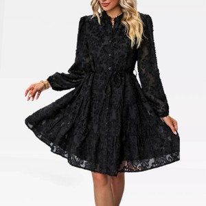 Womens Long Sleeve Lace Dress Button Down Tiered A Line Dress Tie Waist Mini Shirts Dress Fall Casual Dress - 1 of 4
