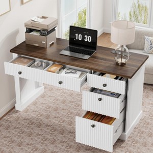 Fluted Home Office Desk Storage, 54" Modern Executive Desk with Charging Station, Wooden Computer Writing Desk with File Drawers for Study Room - 1 of 4