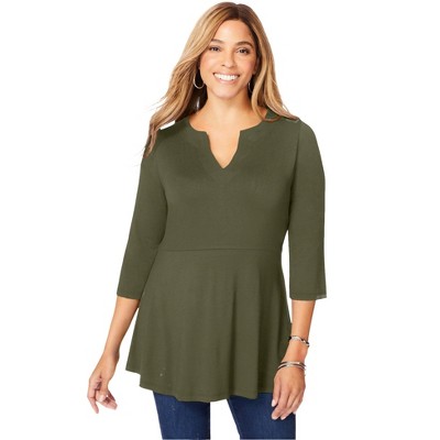 Jessica London Women's Plus Size Stretch Knit Henley Notch Babydoll Tunic