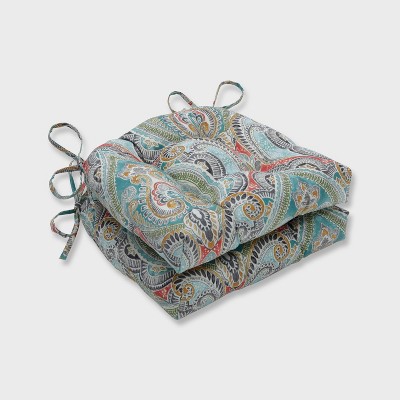 2pk Pretty Witty Reef Reversible Outdoor Chair Pad Blue - Pillow Perfect: Weather-Resistant, Fade-Resistant, with Ties