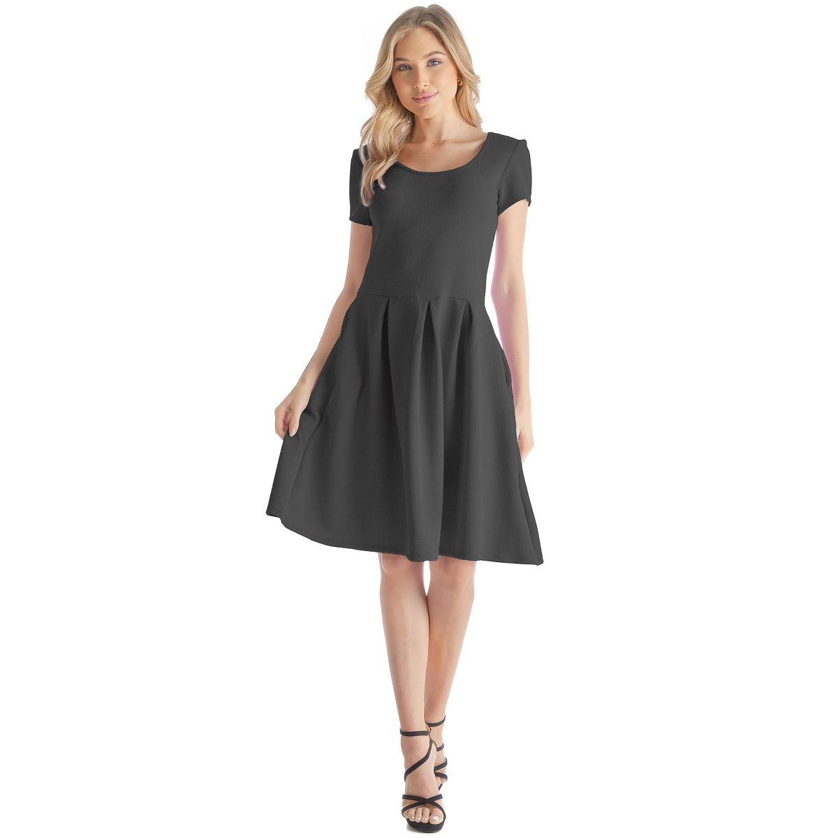 Womens Scoop Neck Short Sleeve Knee Length Pleated A-Line Pocket Dress - 24seven Comfort Apparel™