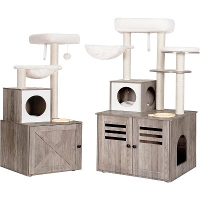 Heybly Cat Tree, Wood Litter Box Enclosure with Food Station