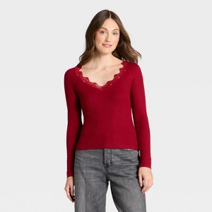Women's Long Sleeve V-Neck Lace Trim T-Shirt - Universal Thread™ - 1 of 4