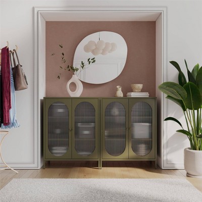 Olive Green Metal Accent Cabinet with Fluted Glass Doors