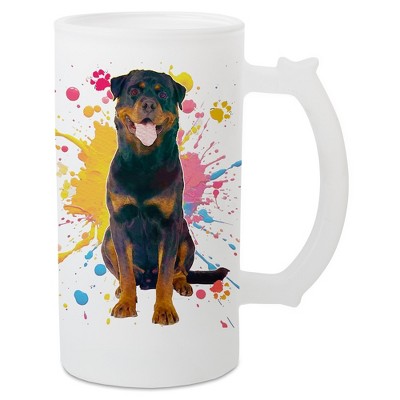 100 North Freezable Beer Stein Mug With Thumb Grip Handle, 16 Ounce Frosted Glass, Rottweiler Dog Paint Splatter