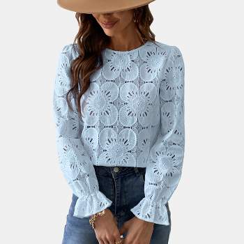 Women's Long Sleeve Embroidered Floral Eyelet Blouse Shirt- Cupshe : Target