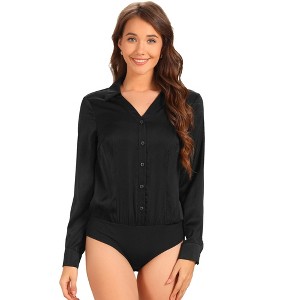 INSPIRE CHIC Women's Business Button Down One-piece Collared Long Sleeve Bodysuit - 1 of 4