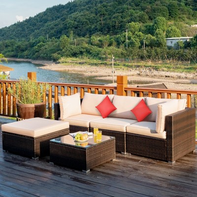 Costway 5PCS Outdoor Patio Rattan Furniture Set Sectional Conversation W/Beige Cushion