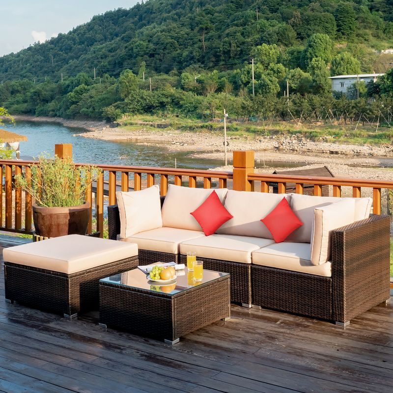 Costway 5PCS Outdoor Patio Rattan Furniture Set Sectional Conversation W/Beige Cushion, 1 of 10