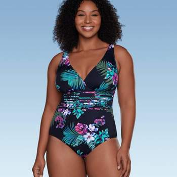 Women's Ribbed Plunge Front Cut Out One Piece Swimsuit - Shade & Shore™  Cream Floral Print 38dd : Target