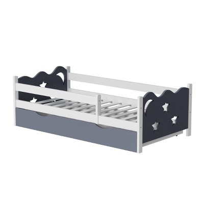 TopComfy Beds Kids Wooden Bamboo Bed Frame with Star Moon Decoration 8 Slats Support Toddler Bed Easy Assembly for Kids, White, 61.42"*33.85"*20.87"