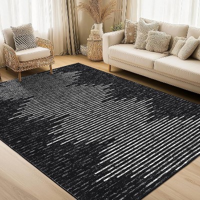 Living Room Rug Washable Bedroom Rugs Neutral Area Rug for Nursery Geometric Striped Carpet Non Slip Stain Resistant Farmhouse Floor Cover White Rug