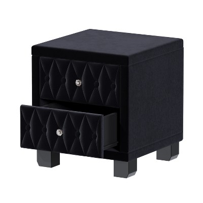 Vynxaria Elegant Velvet Nightstand - Black, 2 Drawers (Crystal Knobs), Button-Tufted, Solid Wood Frame