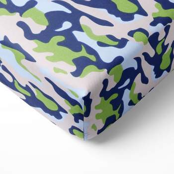 Bacati - Camo Blue Green Beige Navy 100 percent Cotton Universal Baby US Standard Crib or Toddler Bed Fitted Sheet