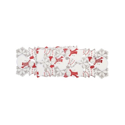 C&F Home Christmas Holiday White Snowmen with Red Scarf and Silver Snowflakes Die Cut Table Runner 68" X 12" Cotton Machine Washable Table Runner