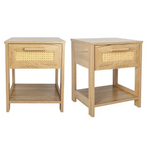 Modern Rattan Nightstands Set of 2 with Storage Drawers and Shelves for Bedroom and Living Room - 1 of 4