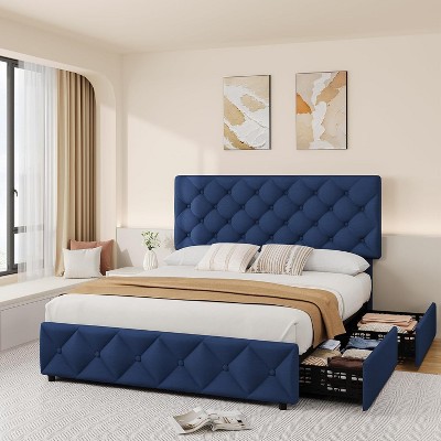 Bed Frame with 4 Storage Drawers and Headboard, Linen Upholstered Platform Bed Frame with Wooden Slats Support