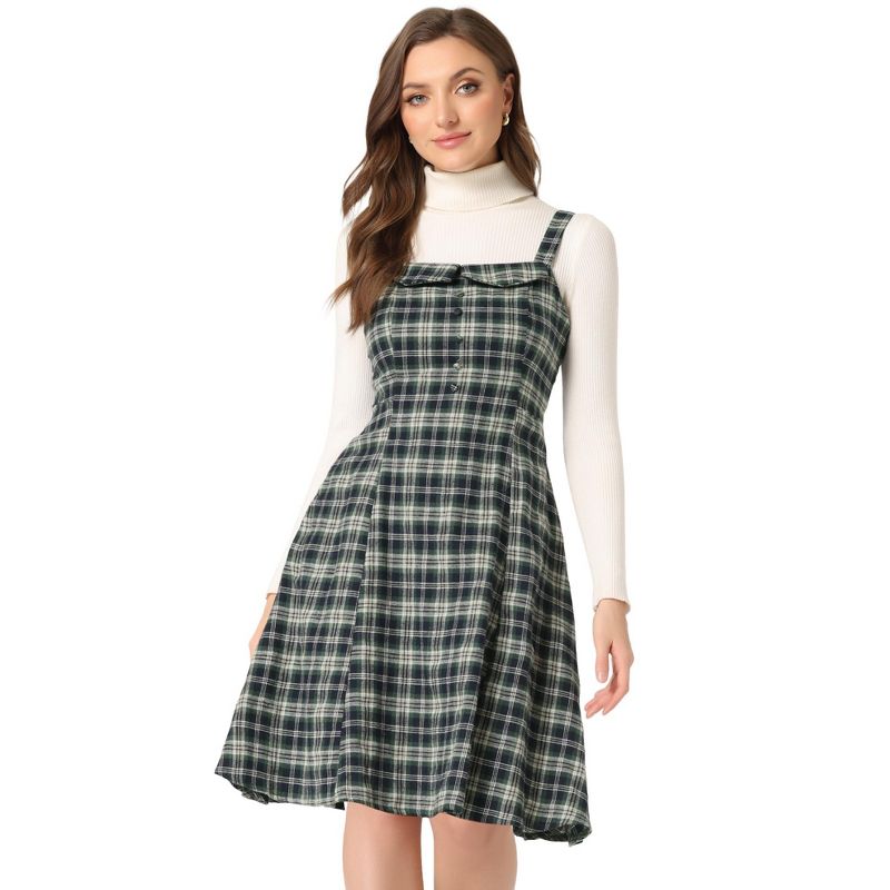 Allegra K Women's Plaid Sleeveless Tie Back A-Line Overall Pinafore Dresses, 1 of 6