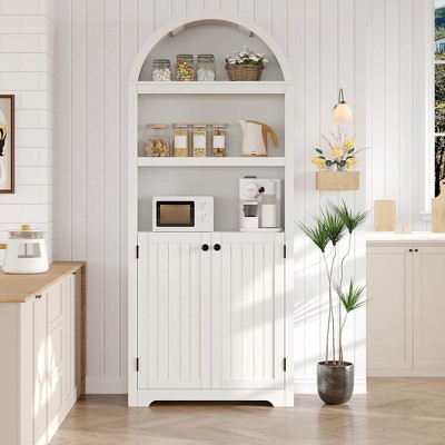 71.6" Tall Arched Cabinet, 5 Tier Bookcase Arched Book Shelf with Doors and Adjustable Shelves, for Living Room, Bedroom