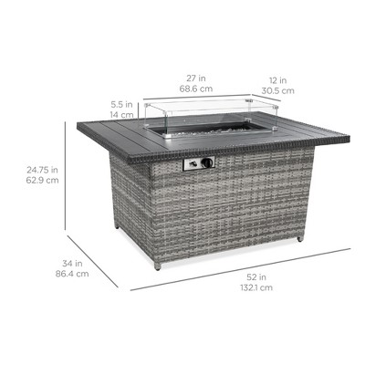 Gray Wicker Propane Gas Fire Pit Table with Glass Wind Guard