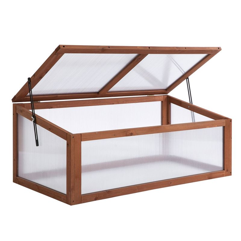 Outsunny Wooden Framed Greenhouse Polycarbonate Cold Frame Grow House Outdoor Raised Planter Box Protection, PC Board, Brown, 39" x 26" x 16", 1 of 7