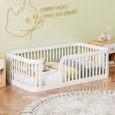 Okak Twin Solid Wood Bed Frame, Modern Floor Bed with Heightened Fence for Toddlers/Kids Bedroom