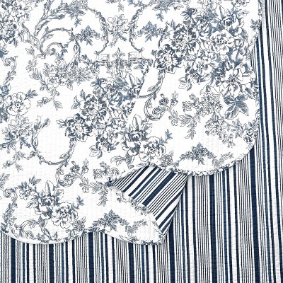 Blue Cotton Full Reversible Quilt Set with Scallop Edges