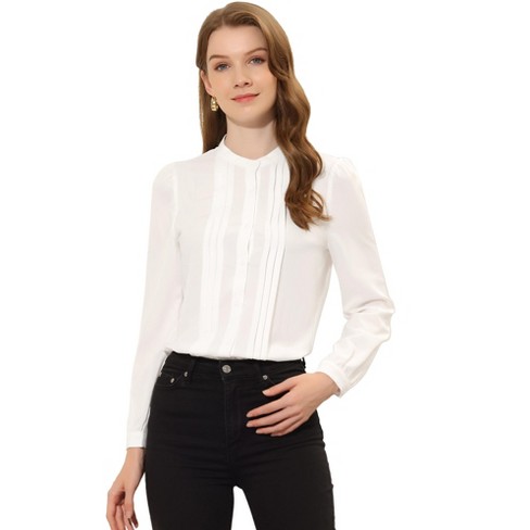 Allegra K Women's Elegant Stand Collar Long Sleeve Blouse White X-Large