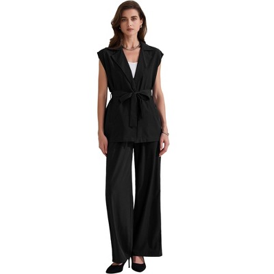 INSPIRE CHIC Women's Summer 2 Piece Outfits Cap Sleeve Tie Waist with Pockets Casual Wide Leg Pant Sets