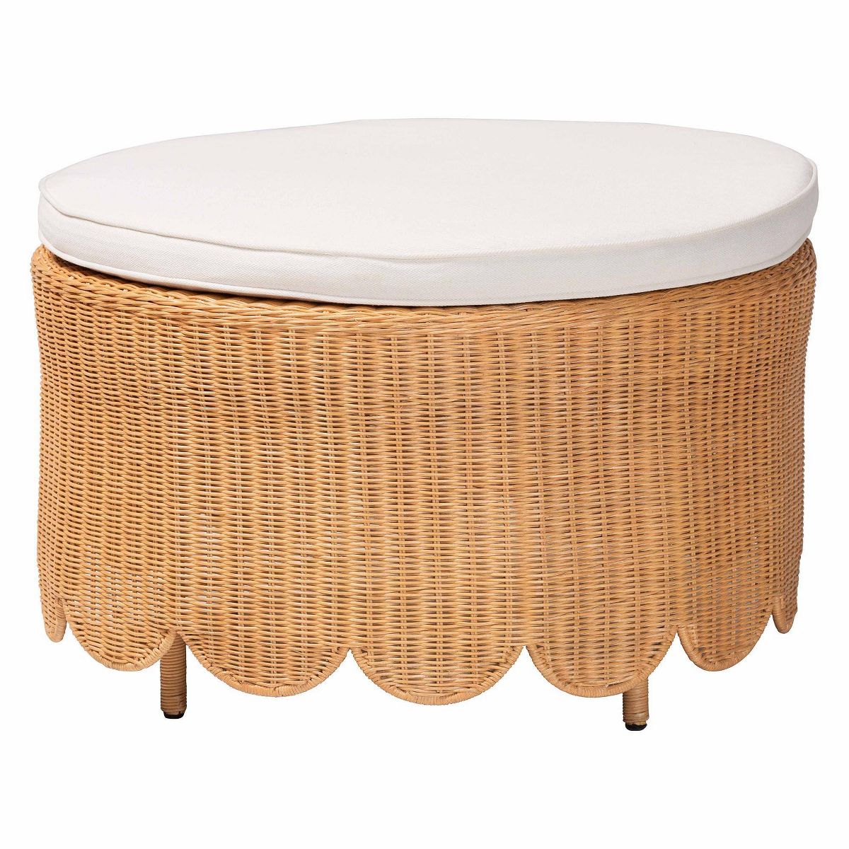 bali & pari Teresa Bohemian Scalloped Rattan Ottoman Light Honey