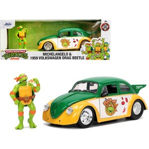 1959 Volkswagen Drag Beetle Green & Yellow and Michelangelo Figure "Teenage Mutant Ninja Turtles" 1/24 Diecast Model Car by Jada - 1 of 4