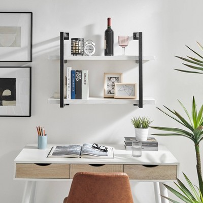 White Birch and Black Iron 2-Tier Floating Wall Shelf