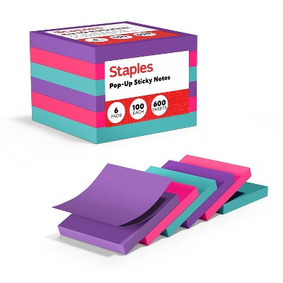 Staples Stickies Pop-Up Notes Assorted Bold Colors 3" x 3" 6 Pads/PK 565444